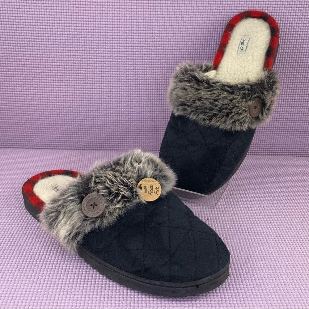 B.O.C. Sherpa Faux Fur Lined Slippers Black Cream‎ Large 9 9.5
